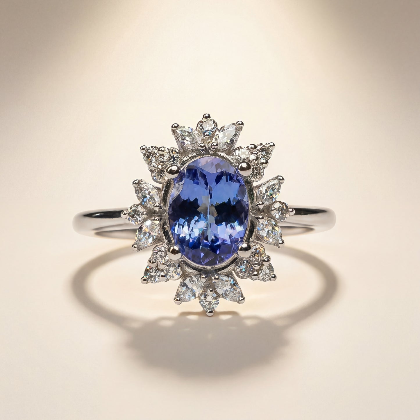 Anello con Tanzanite Naturale 1,10 ct e Diamanti Taglio Round e Navette in Oro Bianco 18 kt