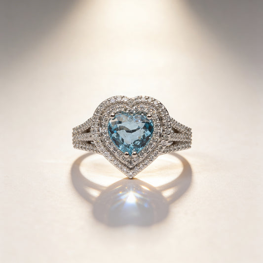 Anello Cuore con Acquamarina e Diamanti in Oro Bianco 18 kt